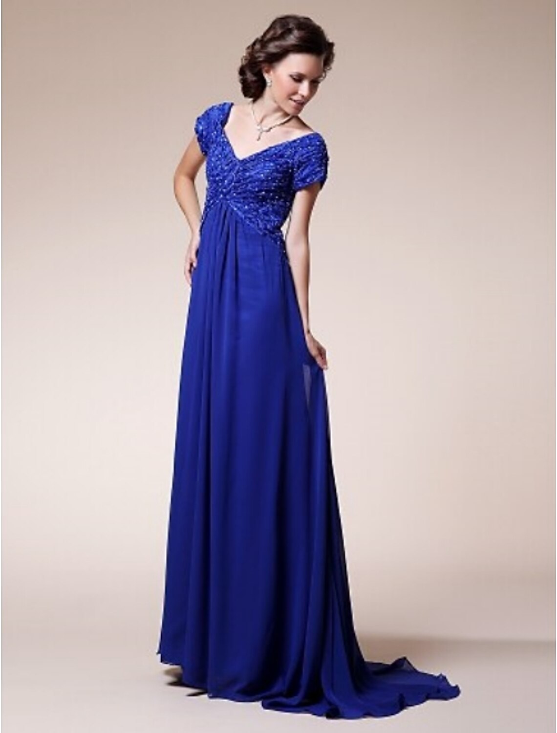 Vestido de madre de la novia de corte A, brillante, escote en V, cola larga/cortada, de gasa, satén, manga corta, sin mangas, con fruncido cruzado y cuentas