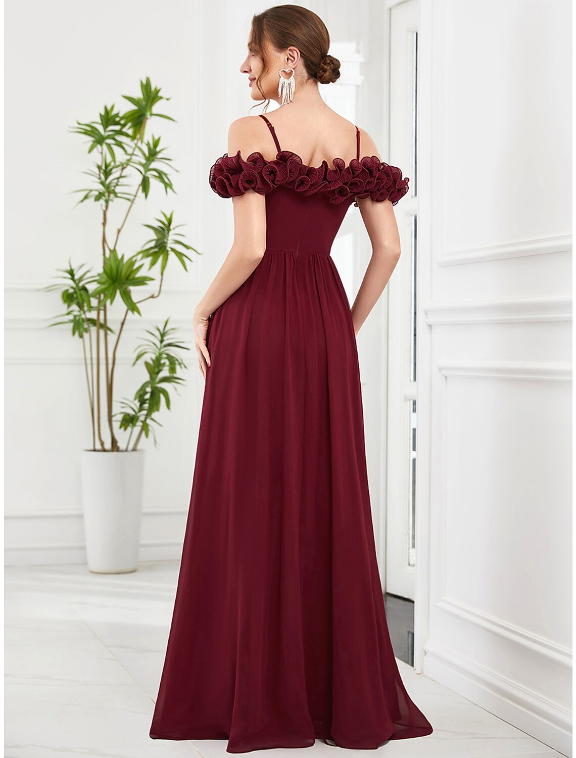 Off-the-Shoulder Ruffled Burgundy Chiffon A-Line Floor-Length Bridesmaid Dress