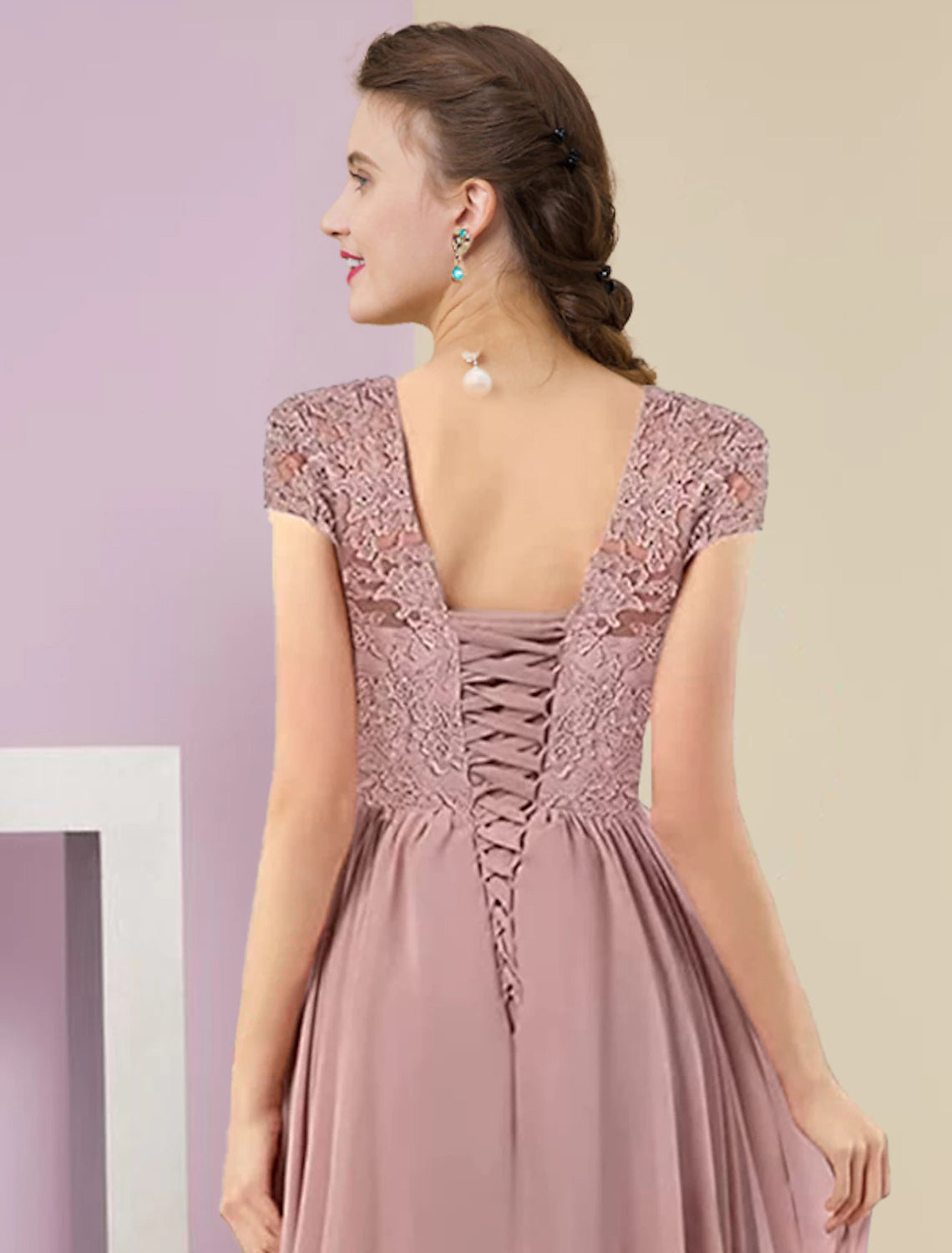 Vestido de dos piezas de corte A para madre de la novia, elegante, para invitada de boda formal, escote en V, cola larga/cortada, de gasa, encaje, mangas 3/4, cruzado incluido con pliegues y apliques