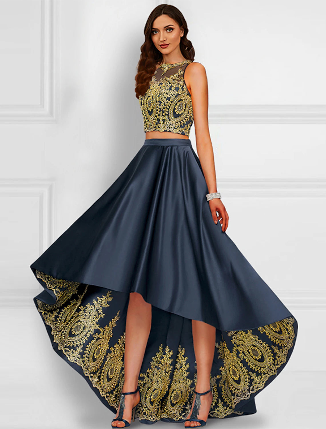 Dark Navy Satin Two-Piece High-Low Evening Dress with Embroidered Crop Top