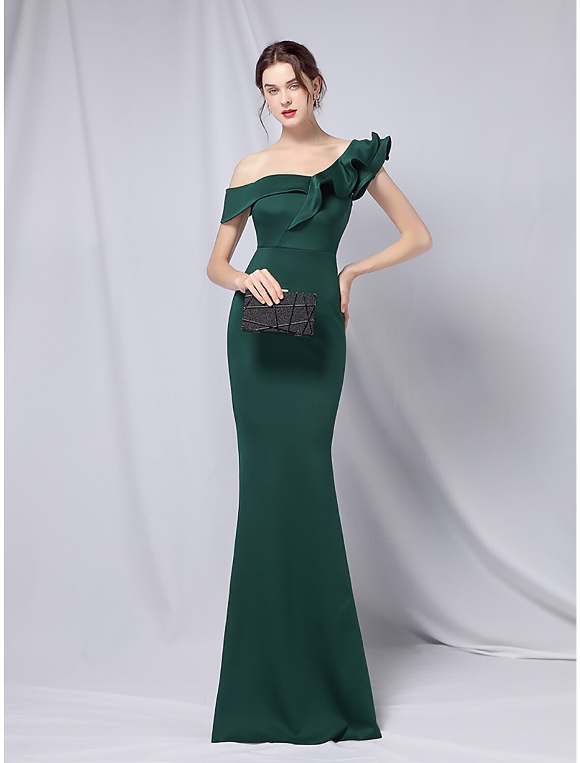 Mermaid Party Dress Evening Gown Empire Dress Wedding Guest Formal Evening Floor Length Short Sleeve One Shoulder  Satin with Ruffles