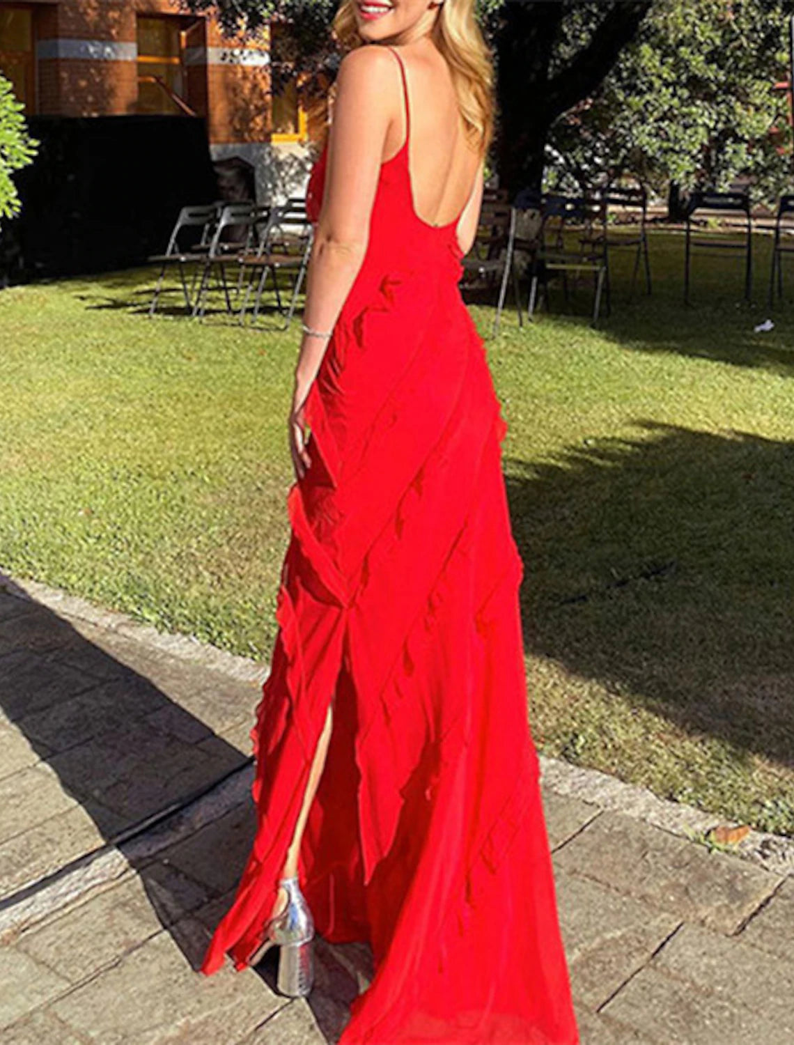 Abiti da festa a tubino/colonna, abito plissettato a strati, abito da ospite di nozze, festa, strascico a ruota, senza maniche, spalline sottili, in chiffon con volant e spacco