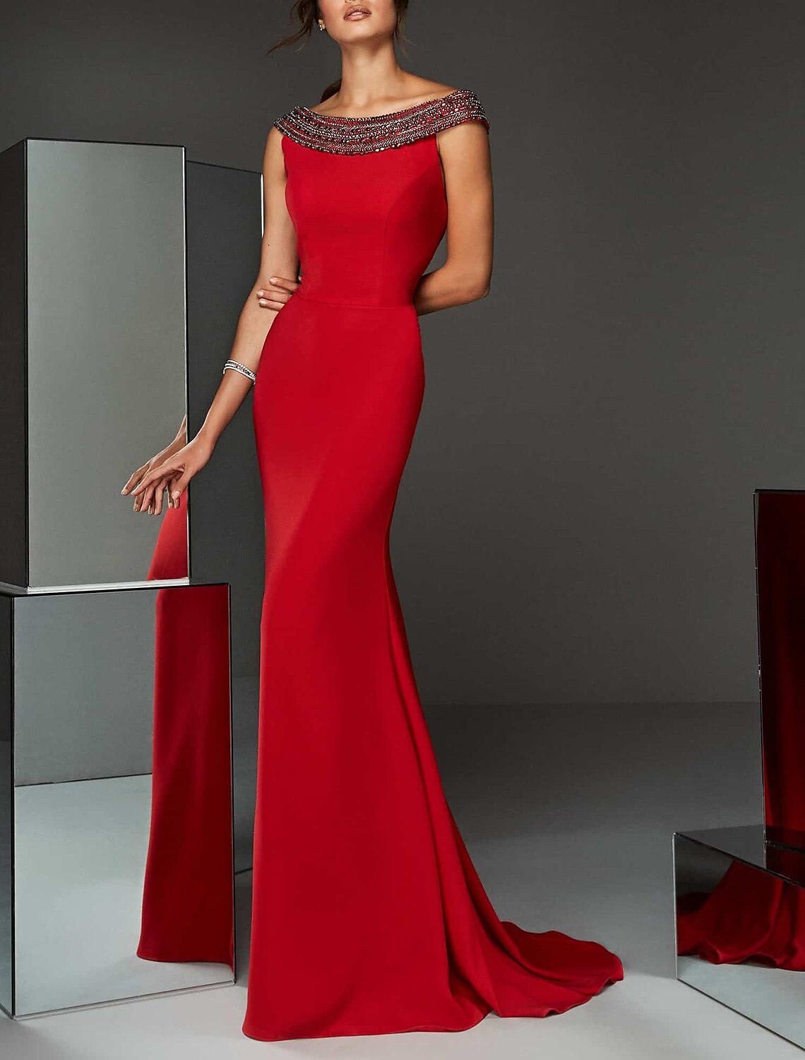 Mermaid / Trumpet Evening Gown Maxi Dress Formal Wedding Guest Sweep / Brush Train Sleeveless Jewel Neck  Chiffon with Crystals Pure Color 2025