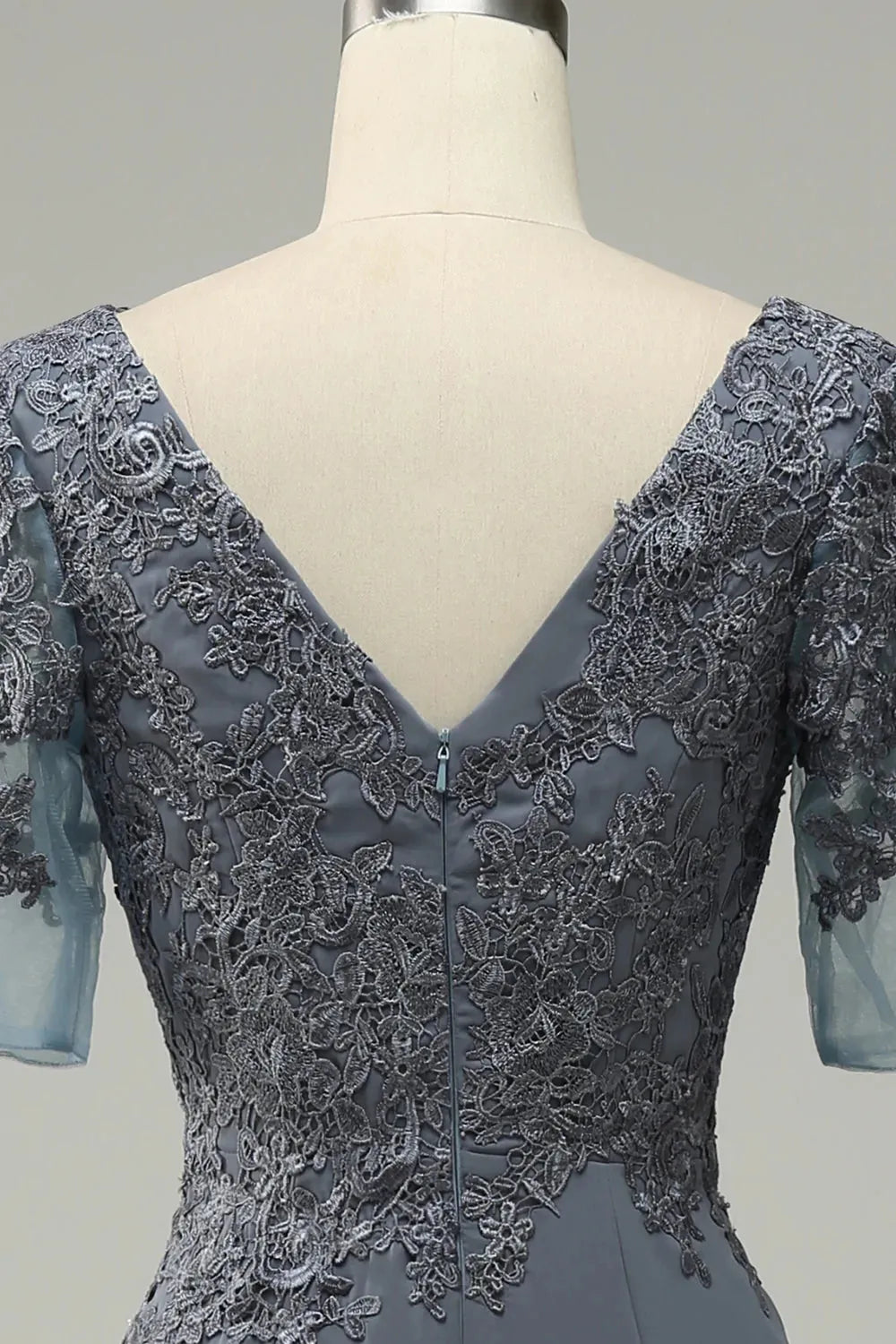 Slate Blue Crepe Mermaid Floor-Length Dress with Lace Bodice for Wedding Guests & Formal Events