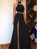 Black Chiffon Halter Neckline A-Line Floor-Length Dress