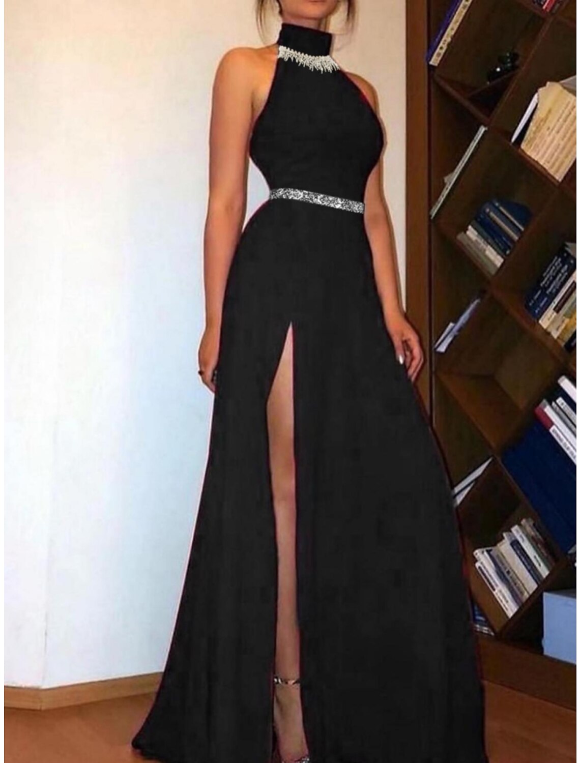 Black Chiffon Halter Neckline A-Line Floor-Length Dress