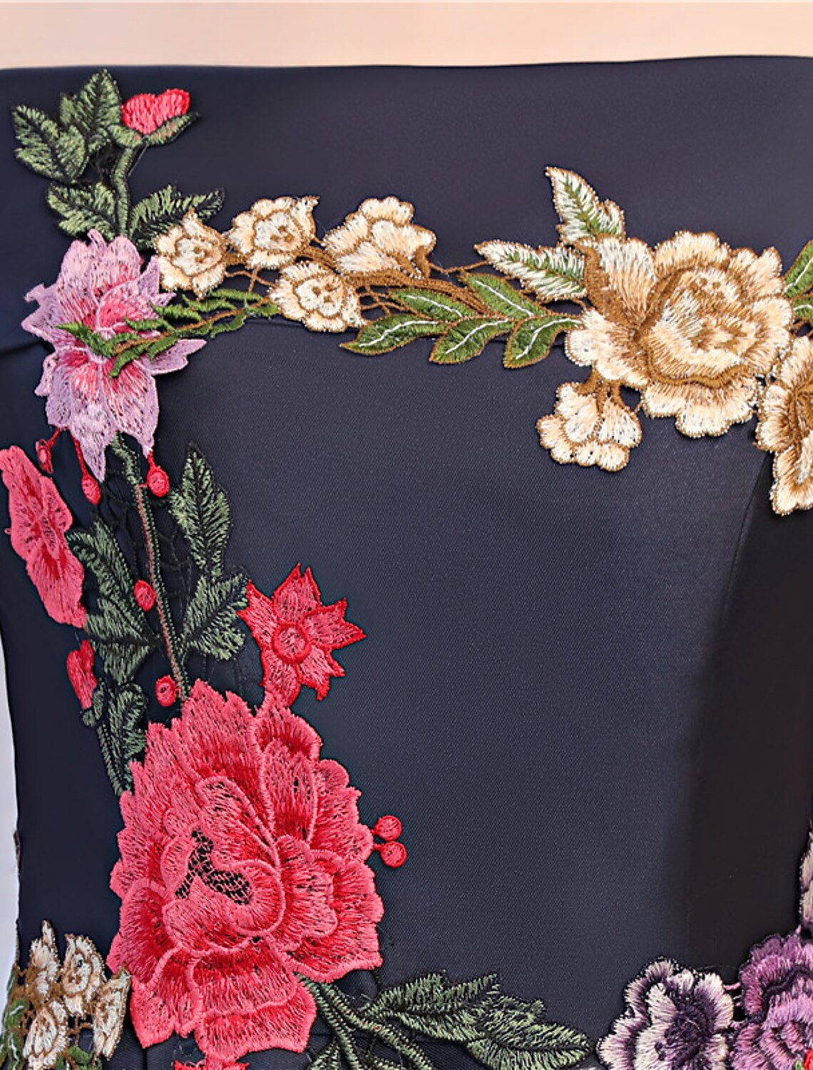 Abito da sposa a trapezio con fiori, da sera formale, lungo fino al pavimento, senza maniche, in raso con spalle scoperte e applicazioni ricamate