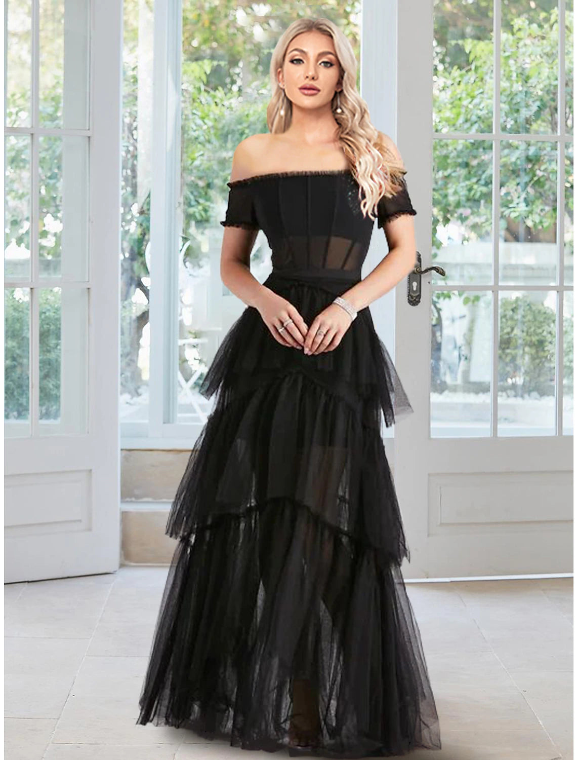 Black Off-the-Shoulder Tulle A-Line Floor-Length Evening Dress