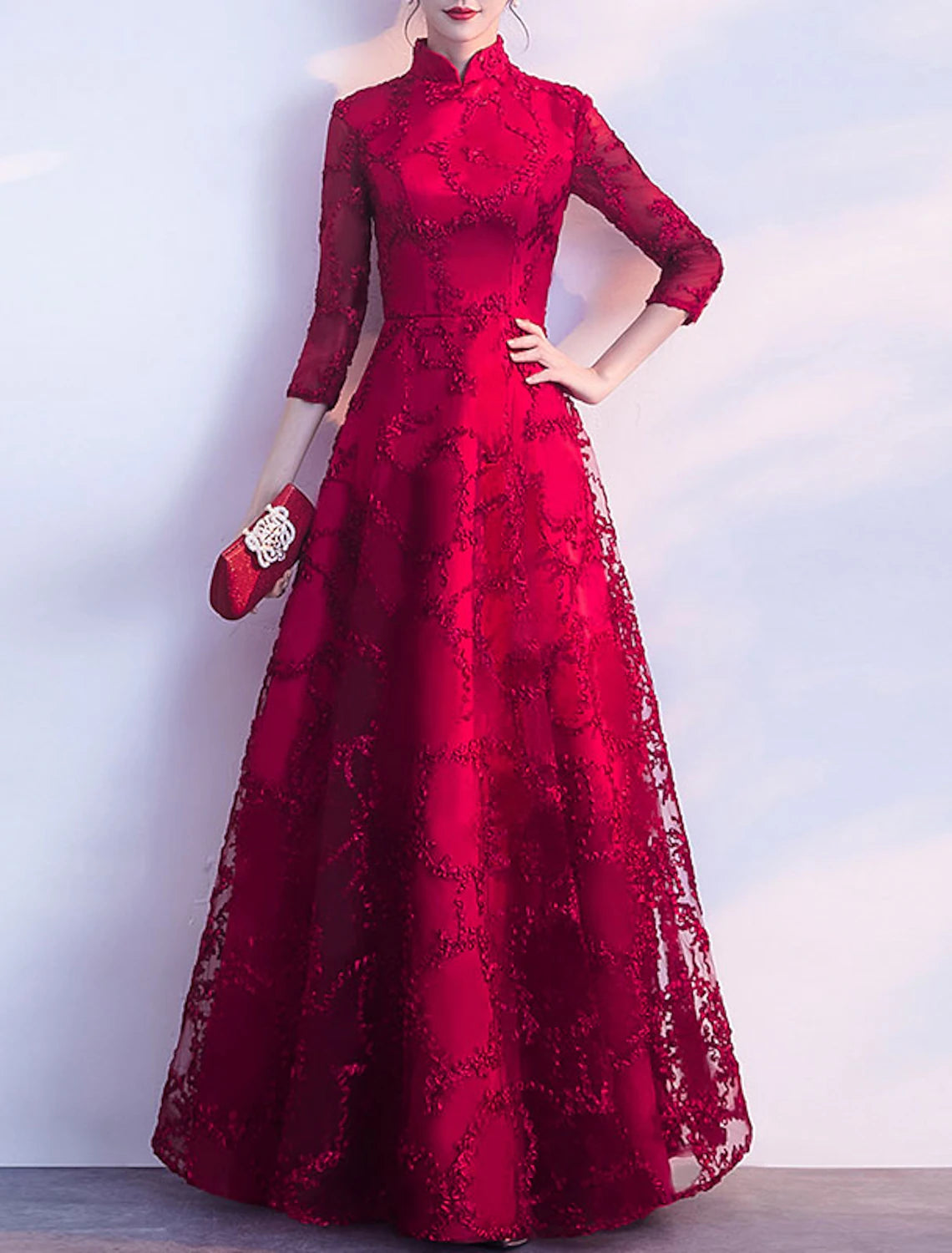 A-Line Chinese Style Vintage Prom Formal Evening Dress Stand Collar 3/4 Length Sleeve Floor Length Tulle with Pleats Appliques