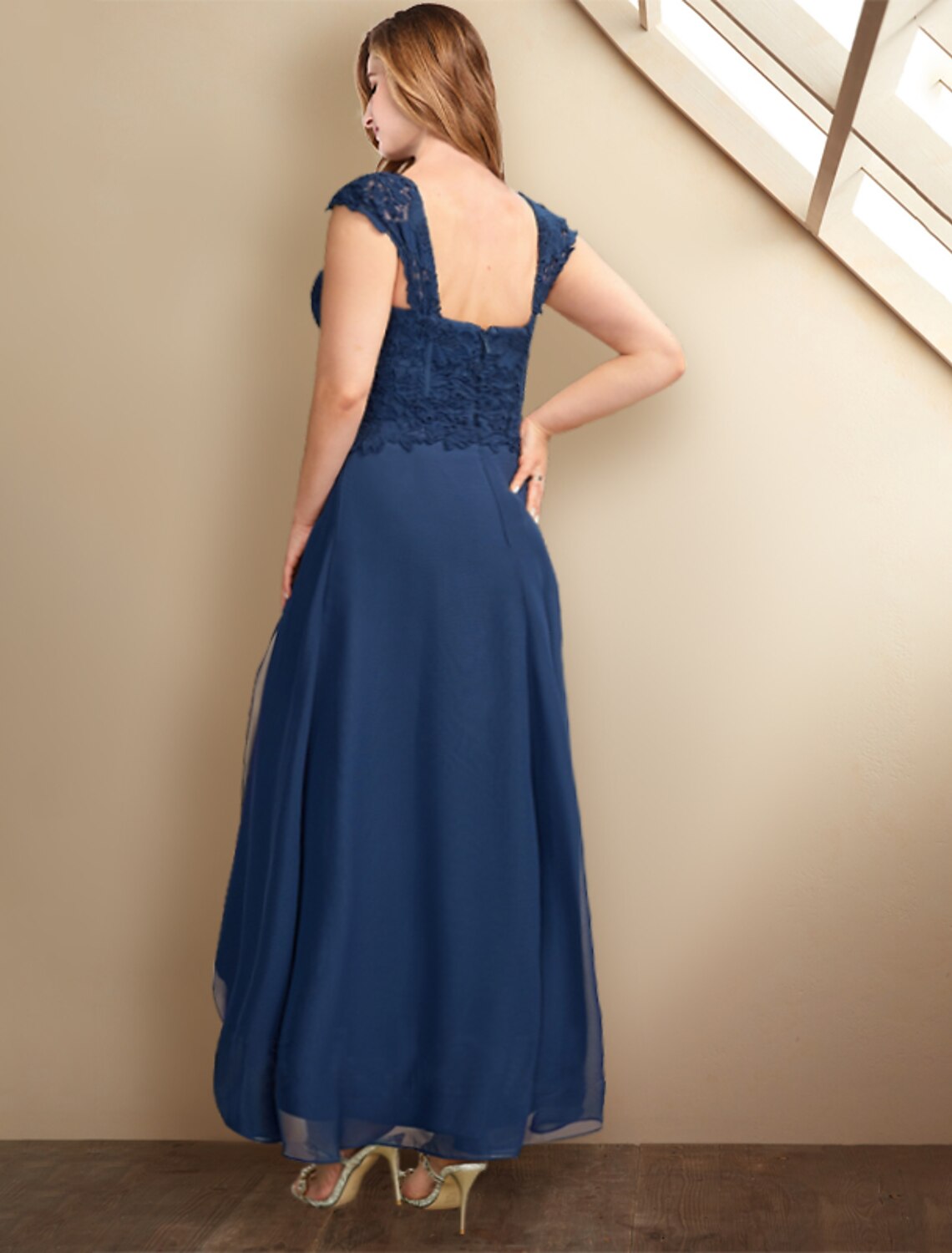 Vestido de dos piezas para madre de la novia, corte A, talla grande, para ocultar la curva del vientre, elegante, formal, asimétrico, media manga, escote cuadrado, de gasa con pliegues y apliques.