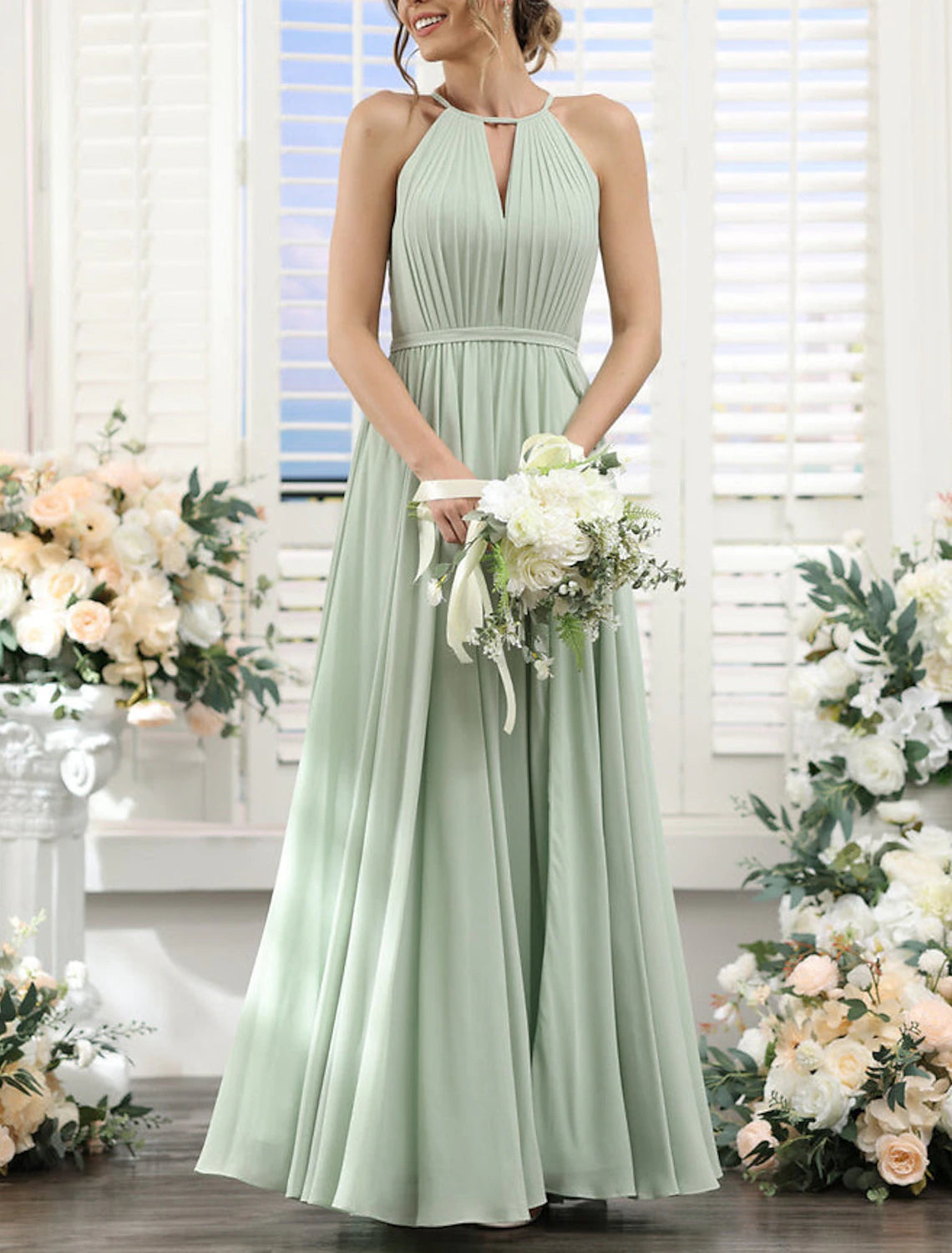 Sage Green Chiffon A-Line Halter neckline Floor-Length Dress with Pleated bodice & Keyhole neckline for Bridesmaid & Wedding-Guest