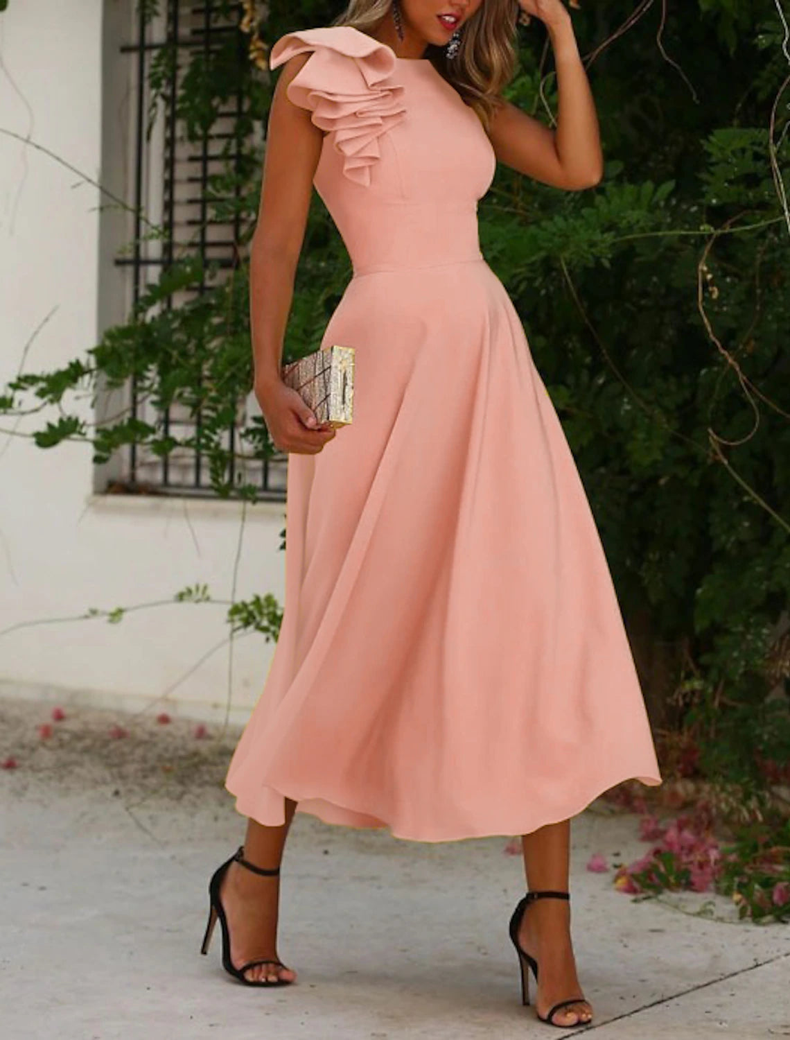 Vestidos de cóctel de corte A, vestido minimalista, para invitados de boda, para regreso a casa, largo hasta los tobillos, sin mangas, cuello joya, para invitados de boda de otoño, tela con volantes, color puro