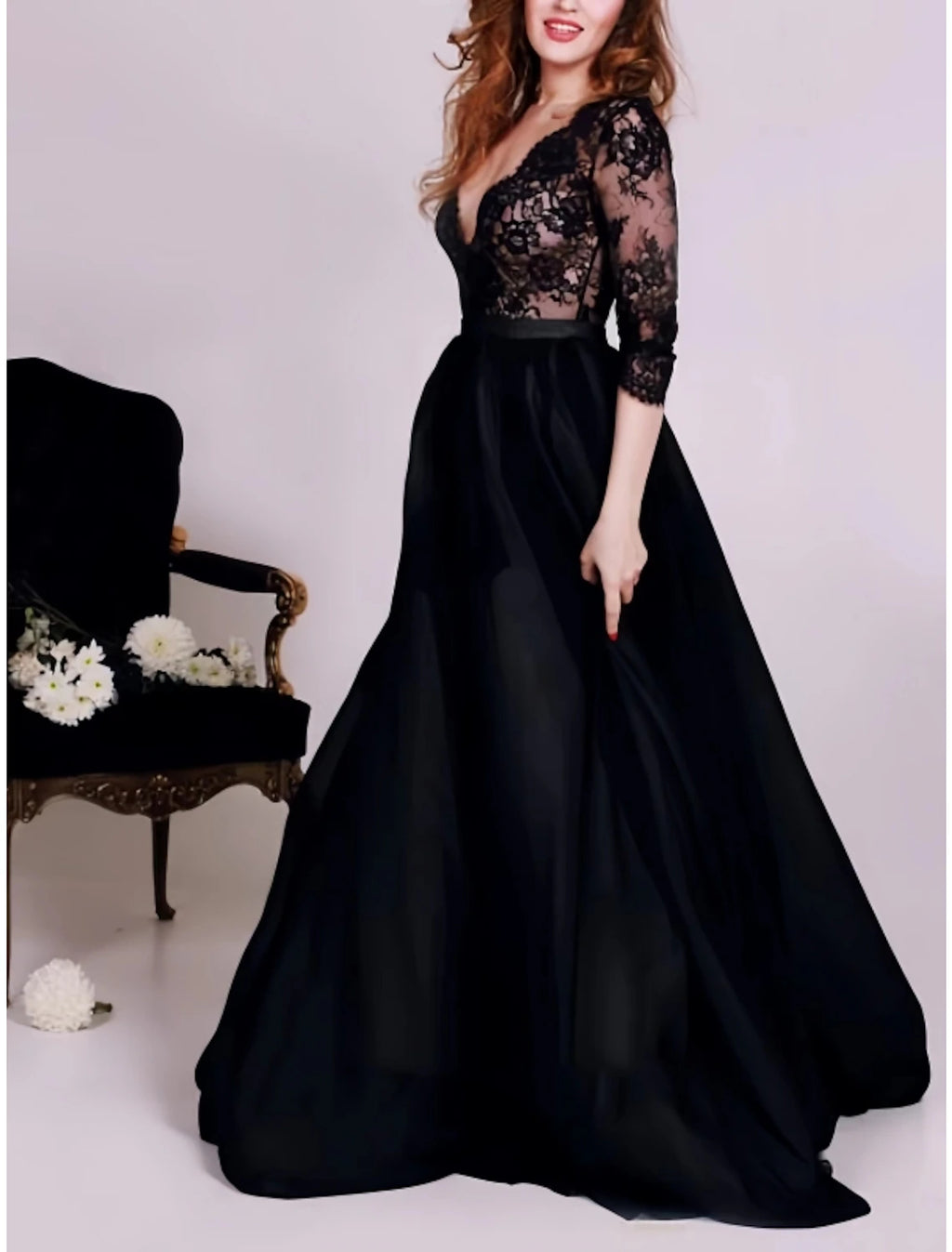 Elegant Black Lace & Chiffon A-Line Floor-Length V-Neck Evening Gown