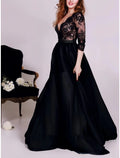 Elegant Black Lace & Chiffon A-Line Floor-Length V-Neck Evening Gown