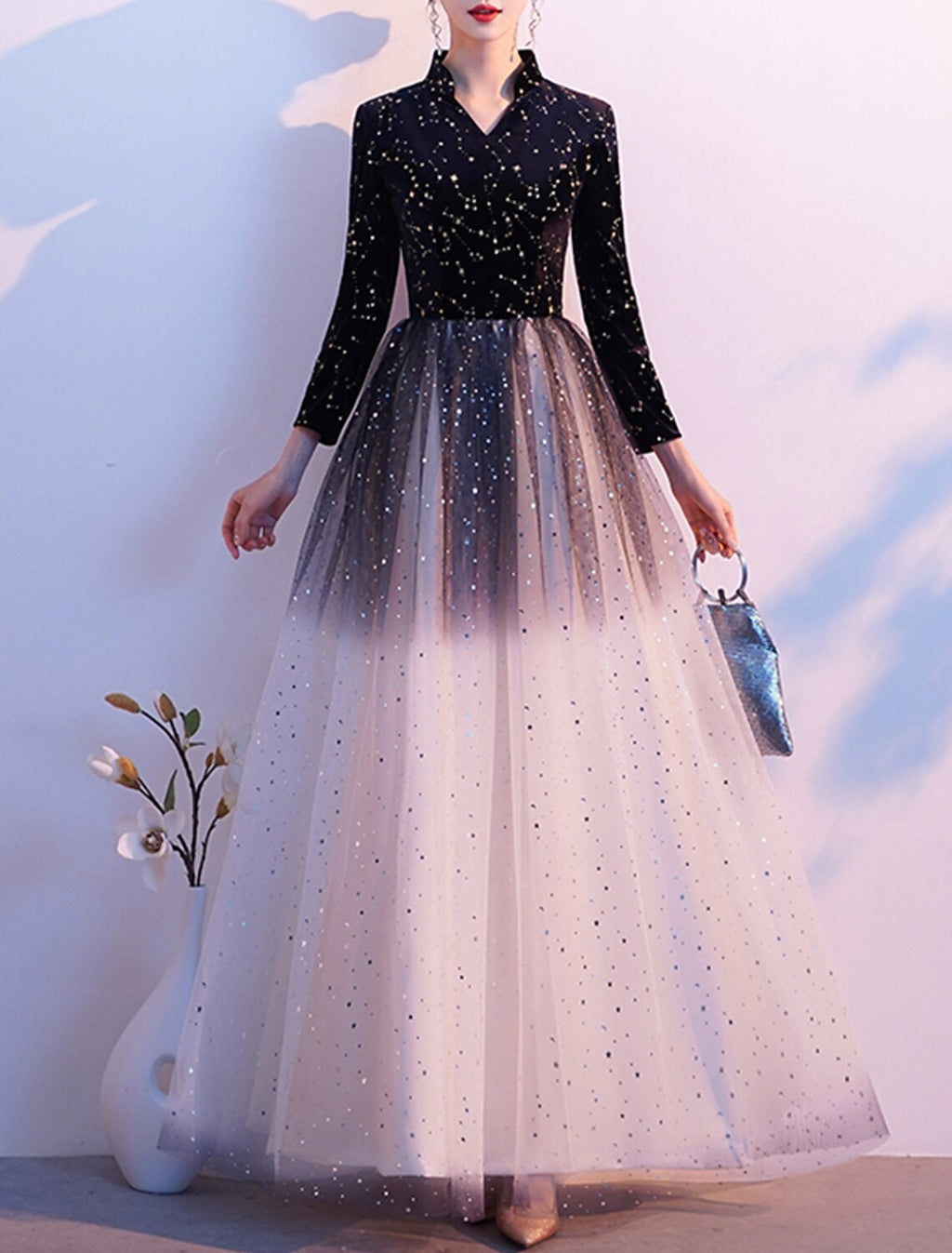 Vestido de noche formal elegante con corte en A y brillantes, estilo reina Ana, manga larga, largo hasta el suelo, de tul con lentejuelas, 2025
