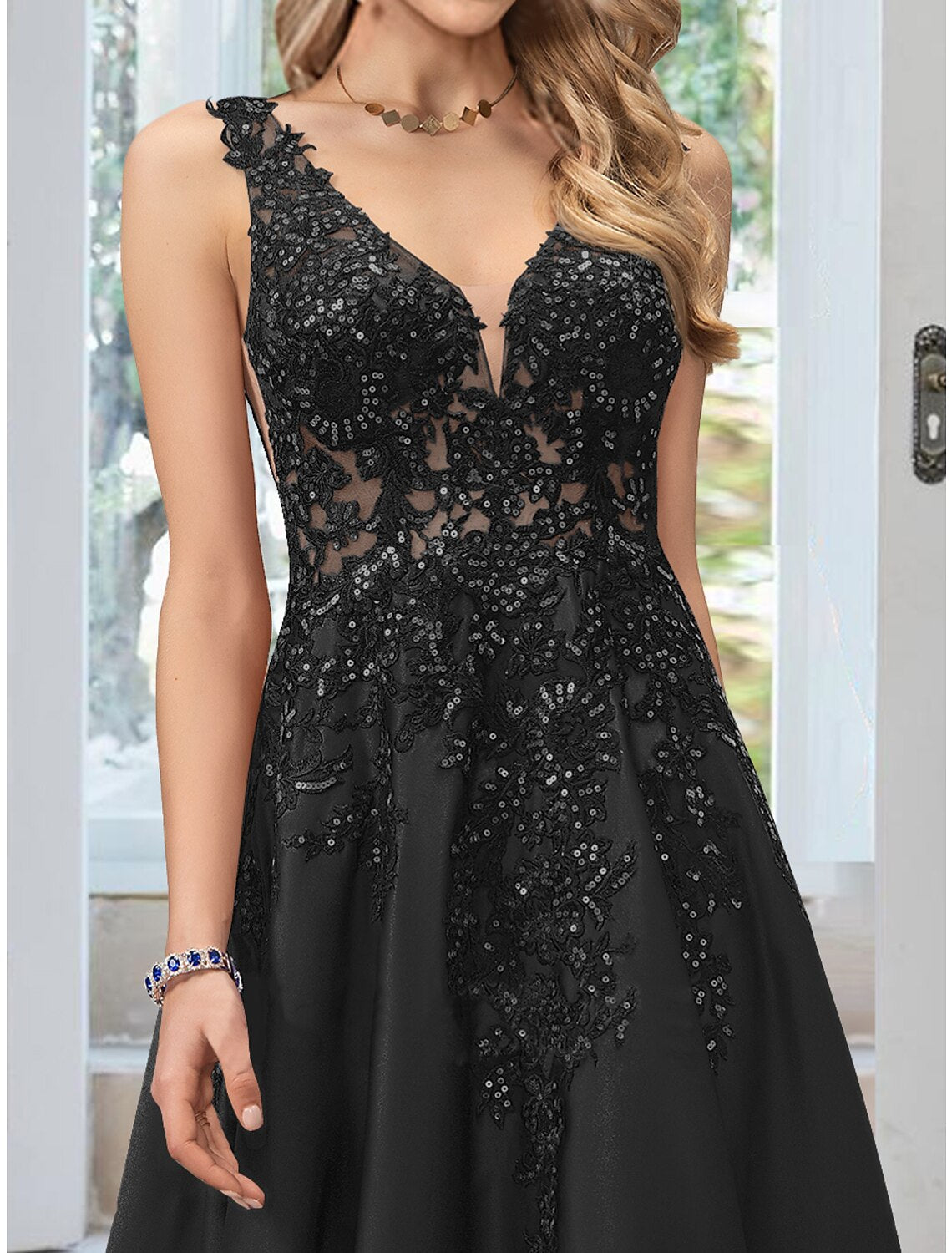 Black Satin A-Line Floor-Length Evening Dress with V-Neck