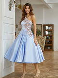 Elegant Light Blue Satin A Line One Shoulder Floral Applique Open Back Midi Homecoming Dress