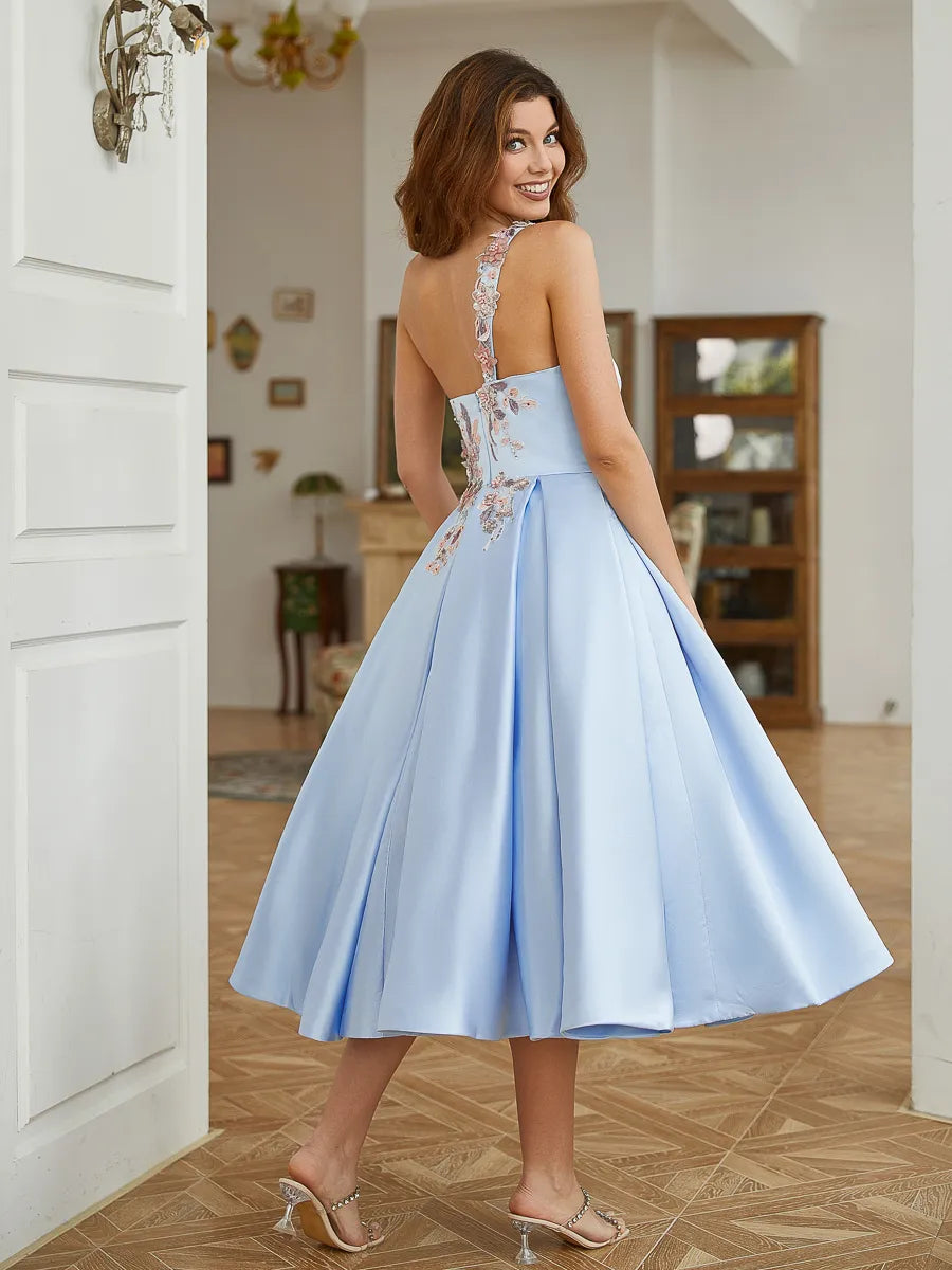 Elegant Light Blue Satin A Line One Shoulder Floral Applique Open Back Midi Homecoming Dress