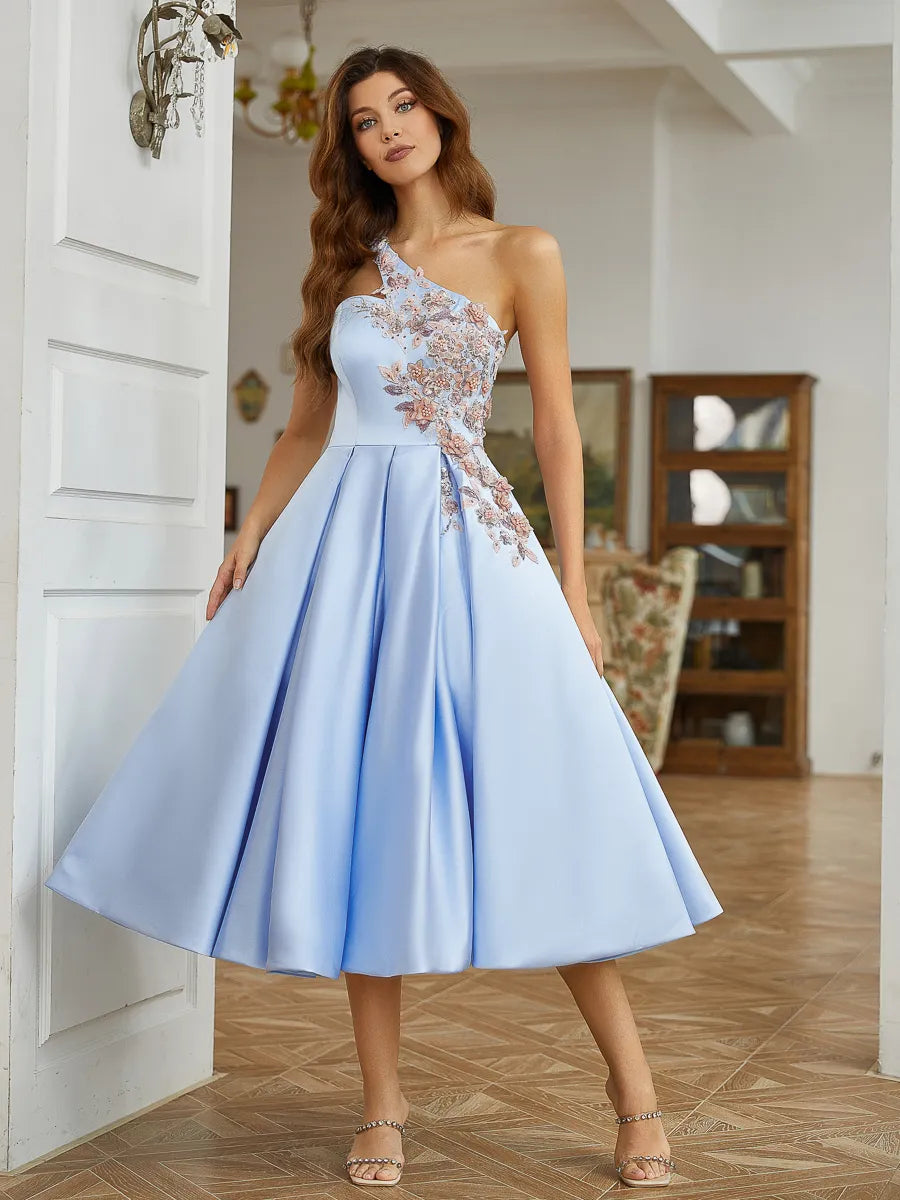 Elegant Light Blue Satin A Line One Shoulder Floral Applique Open Back Midi Homecoming Dress