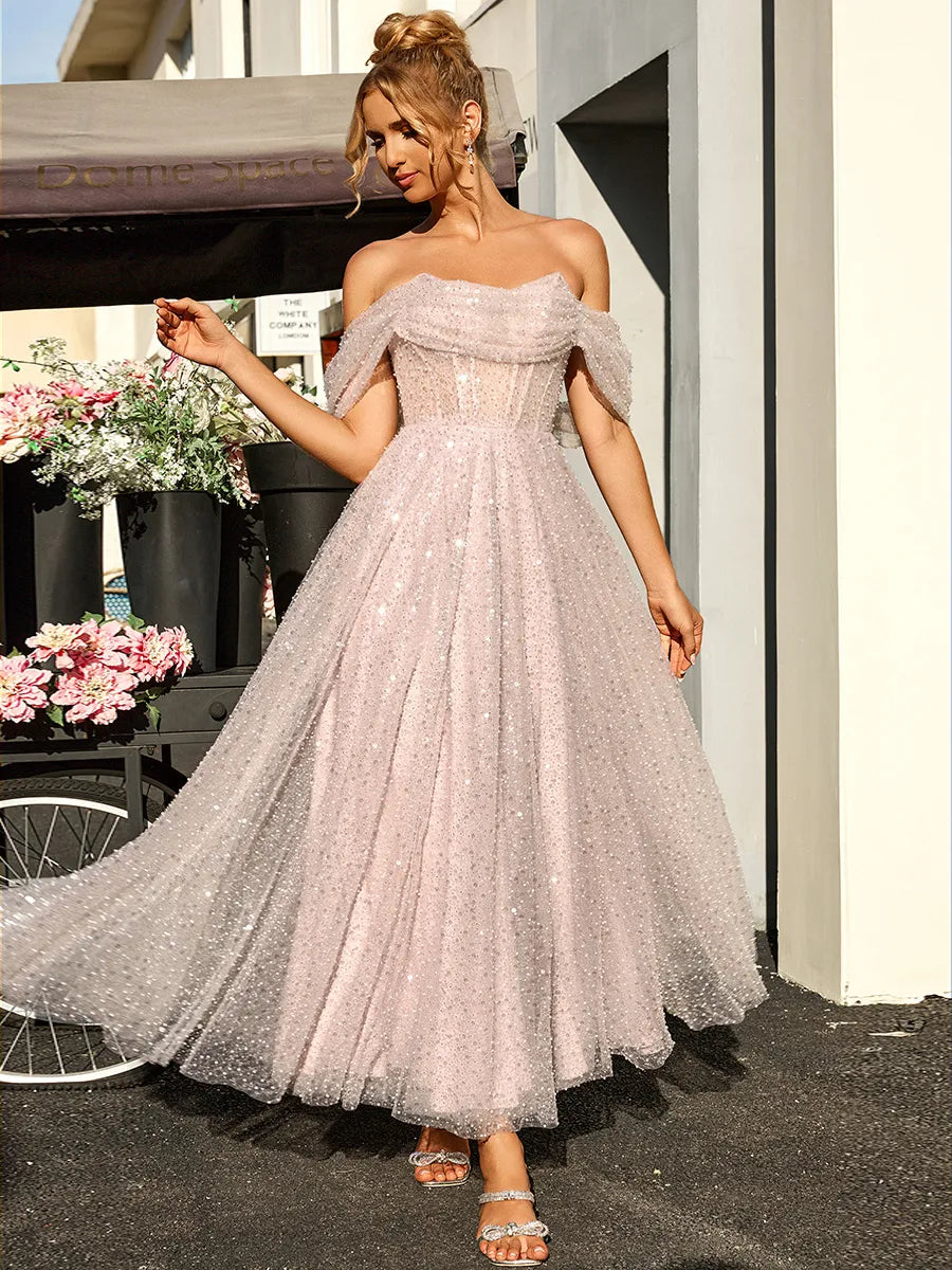 Dreamy Blush Sequin Tulle A-Line Off Shoulder Short Sleeve Open Back Midi Homecoming Dress