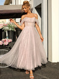 Dreamy Blush Sequin Tulle A-Line Off Shoulder Short Sleeve Open Back Midi Homecoming Dress