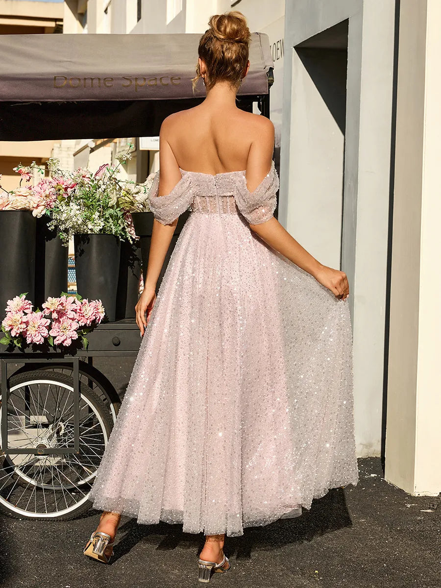 Dreamy Blush Sequin Tulle A-Line Off Shoulder Short Sleeve Open Back Midi Homecoming Dress