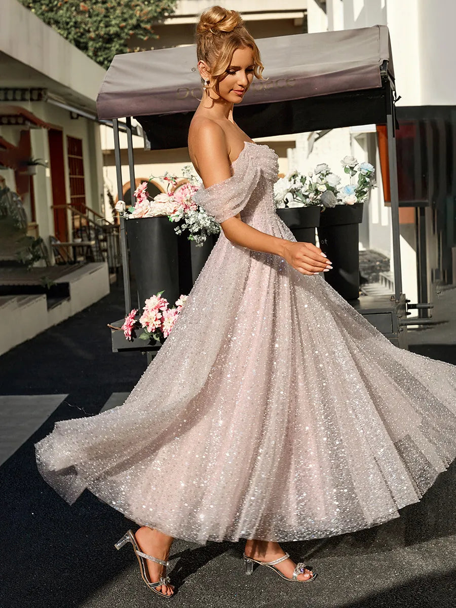 Dreamy Blush Sequin Tulle A-Line Off Shoulder Short Sleeve Open Back Midi Homecoming Dress