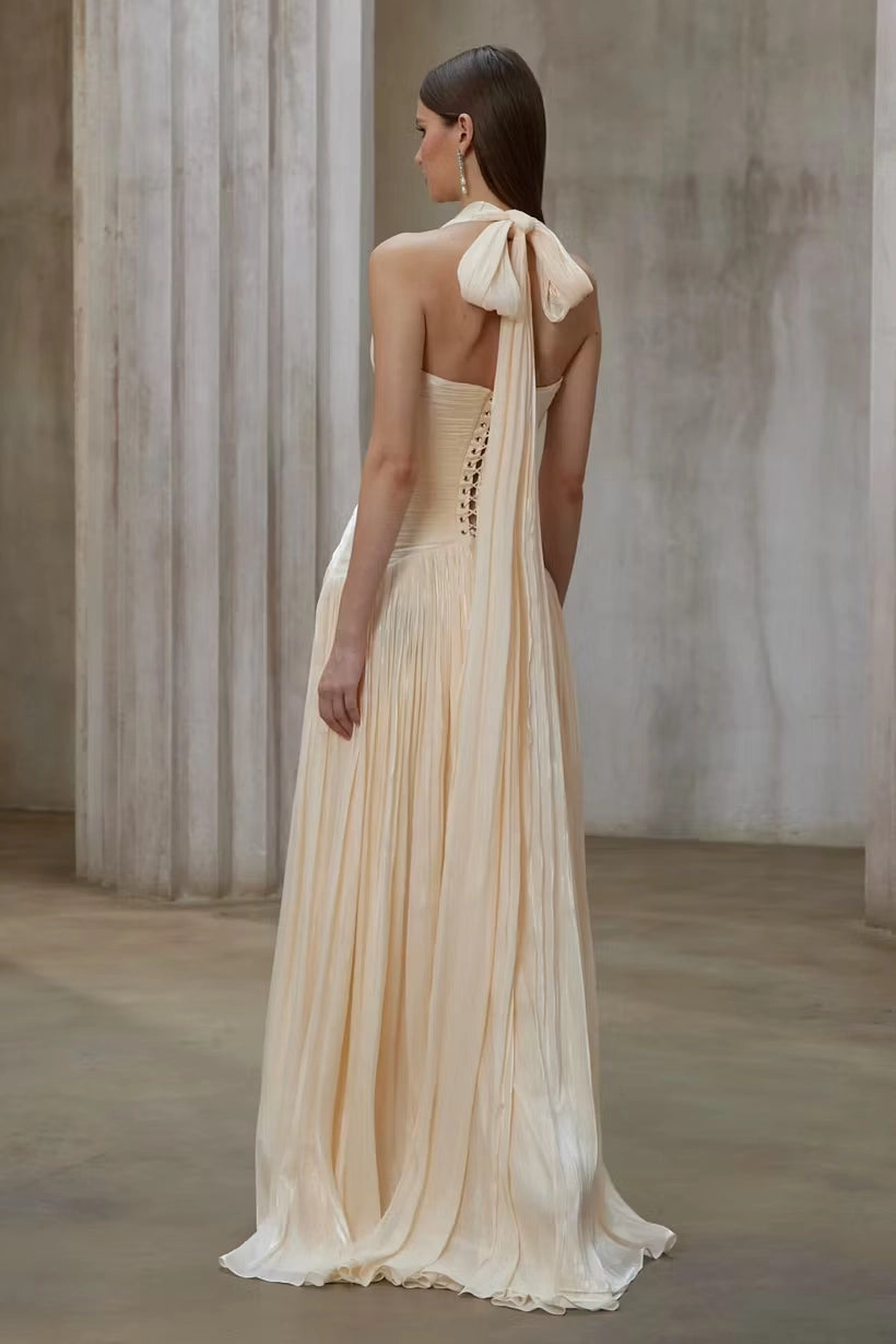 Champagne Chiffon A-line Halter Floor-length Dress Back View - Jimiss
