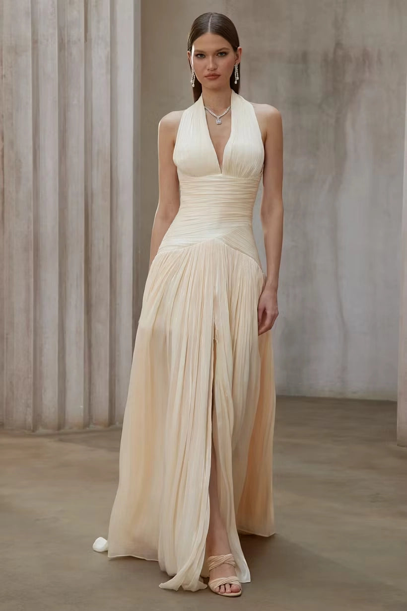 Champagne Chiffon A-line Halter Floor-length Dress Front View - Jimiss