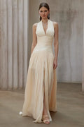 Champagne Chiffon A-line Halter Floor-length Dress Front View - Jimiss
