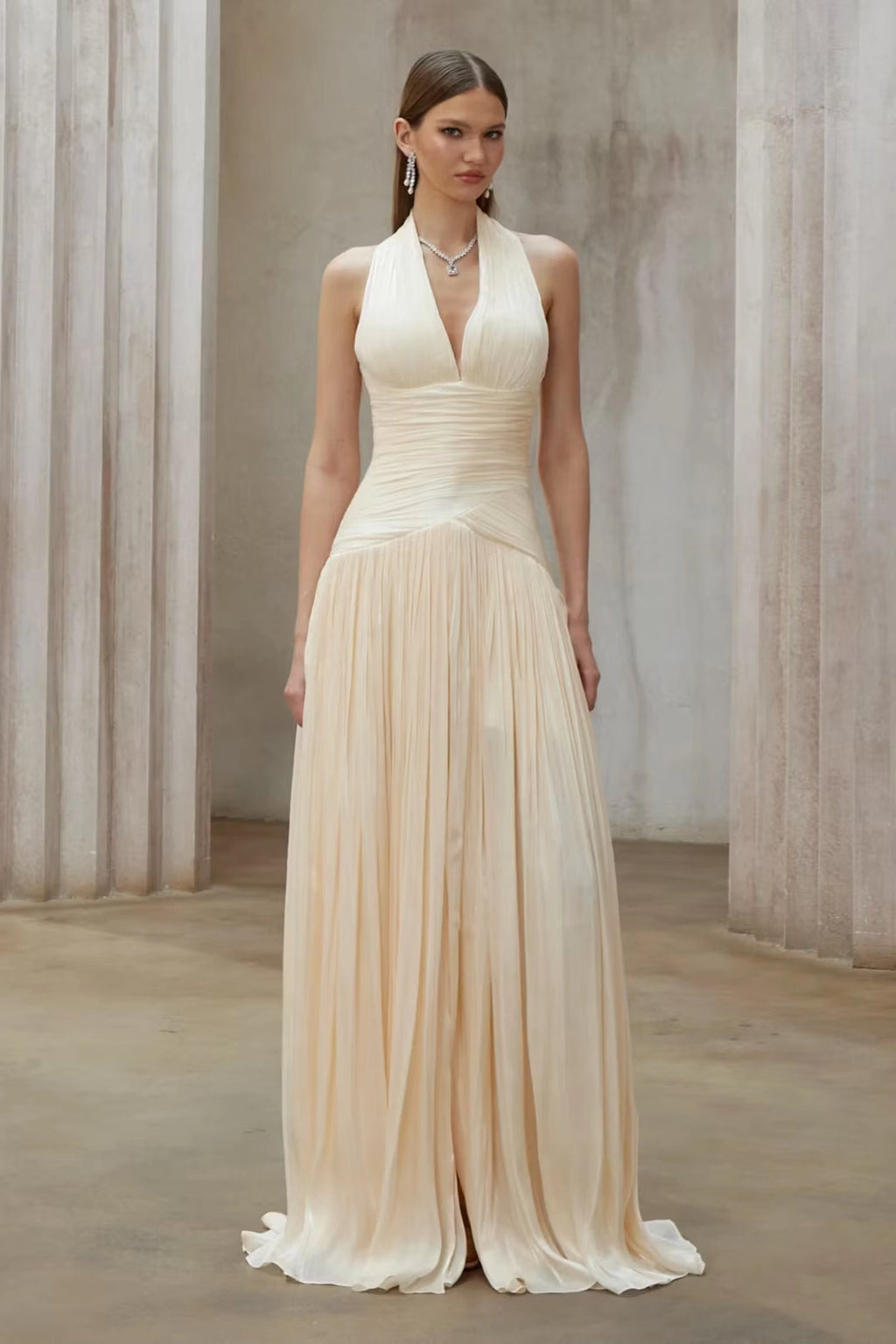Champagne Chiffon A-line Halter Floor-length Dress Front View - Jimiss