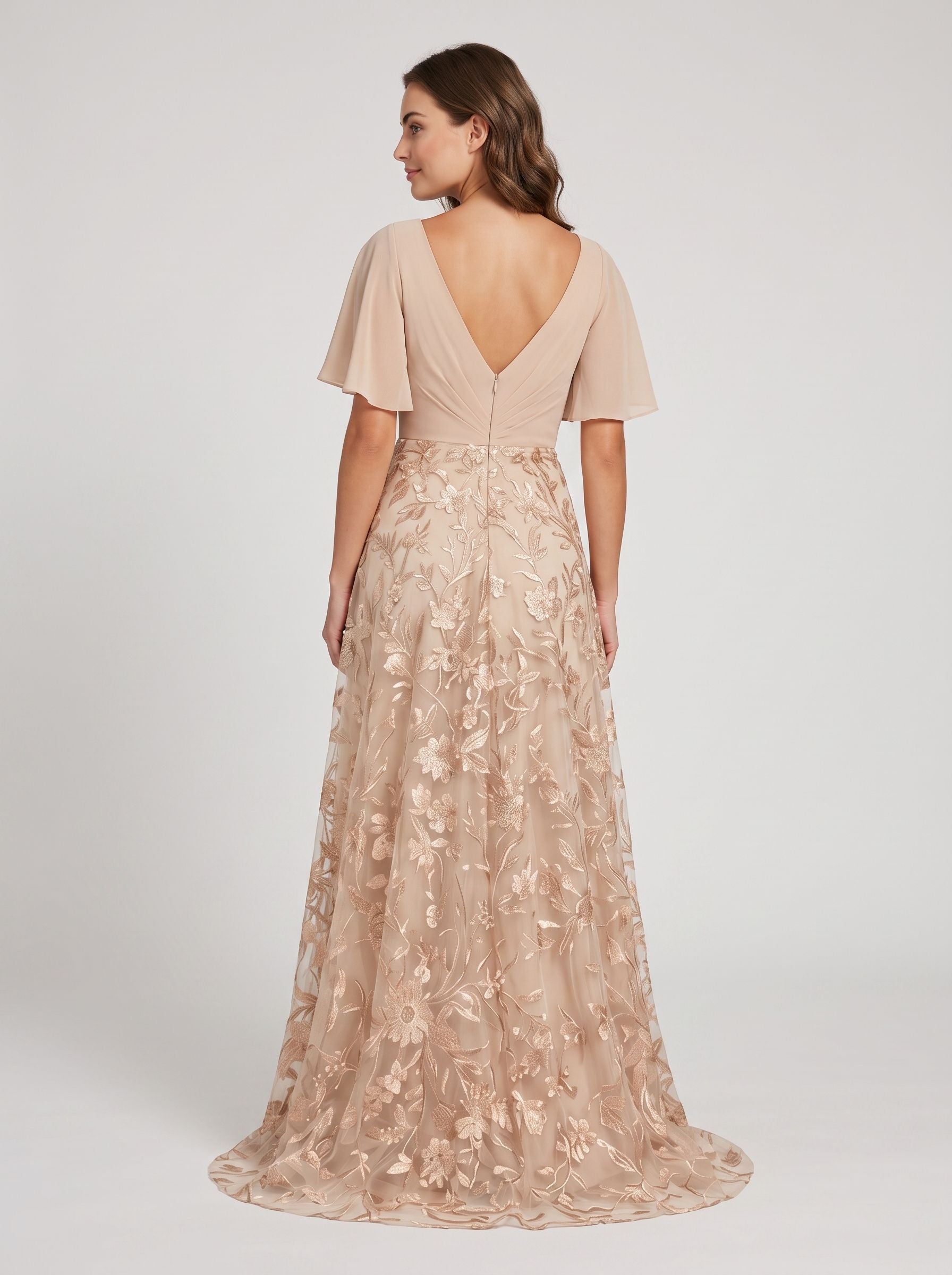 Champagne Chiffon and Embroidered Tulle A-Line V-Neck Floor-Length Dress Back View - Jimiss