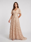 Champagne Chiffon and Embroidered Tulle A-Line V-Neck Floor-Length Dress Front View - Jimiss