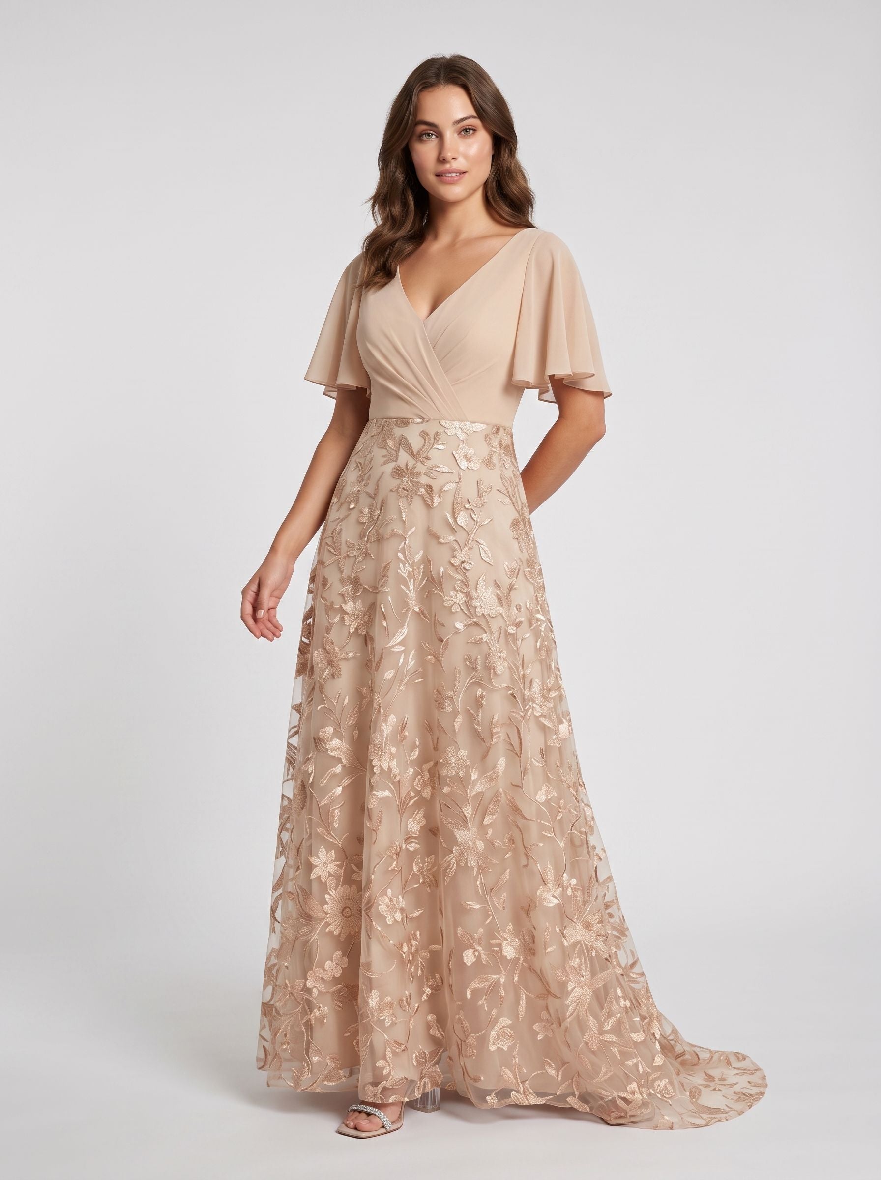 Champagne Chiffon and Embroidered Tulle A-Line V-Neck Floor-Length Dress Front View - Jimiss