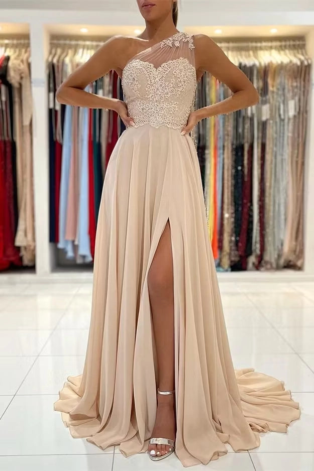 Champagne Chiffon & Lace A-Line One Shoulder Illusion Floor-Length Dress - Jimiss