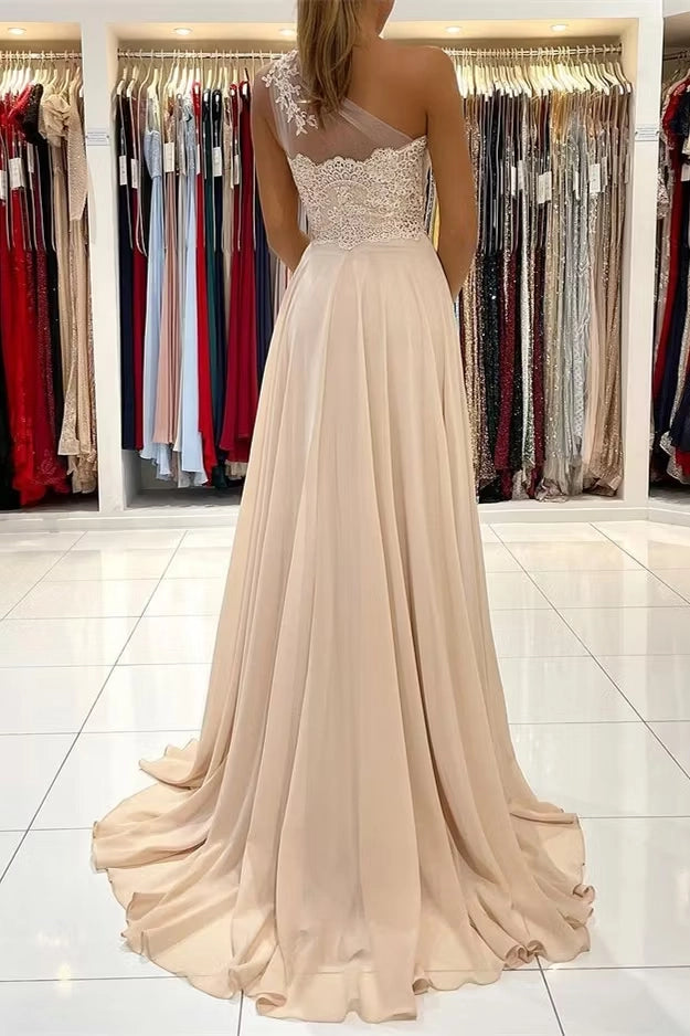 Champagne Chiffon & Lace A-Line One Shoulder Illusion Floor-Length Dress - Jimiss