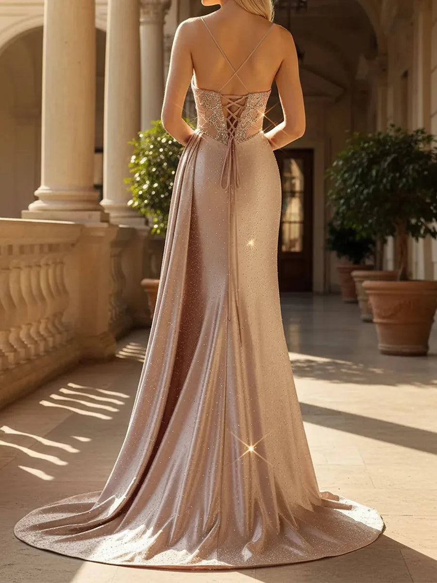 Champagne Glitter Fabric Sheath/column Sweetheart Lace-up Floor-Length Dress - Jimiss