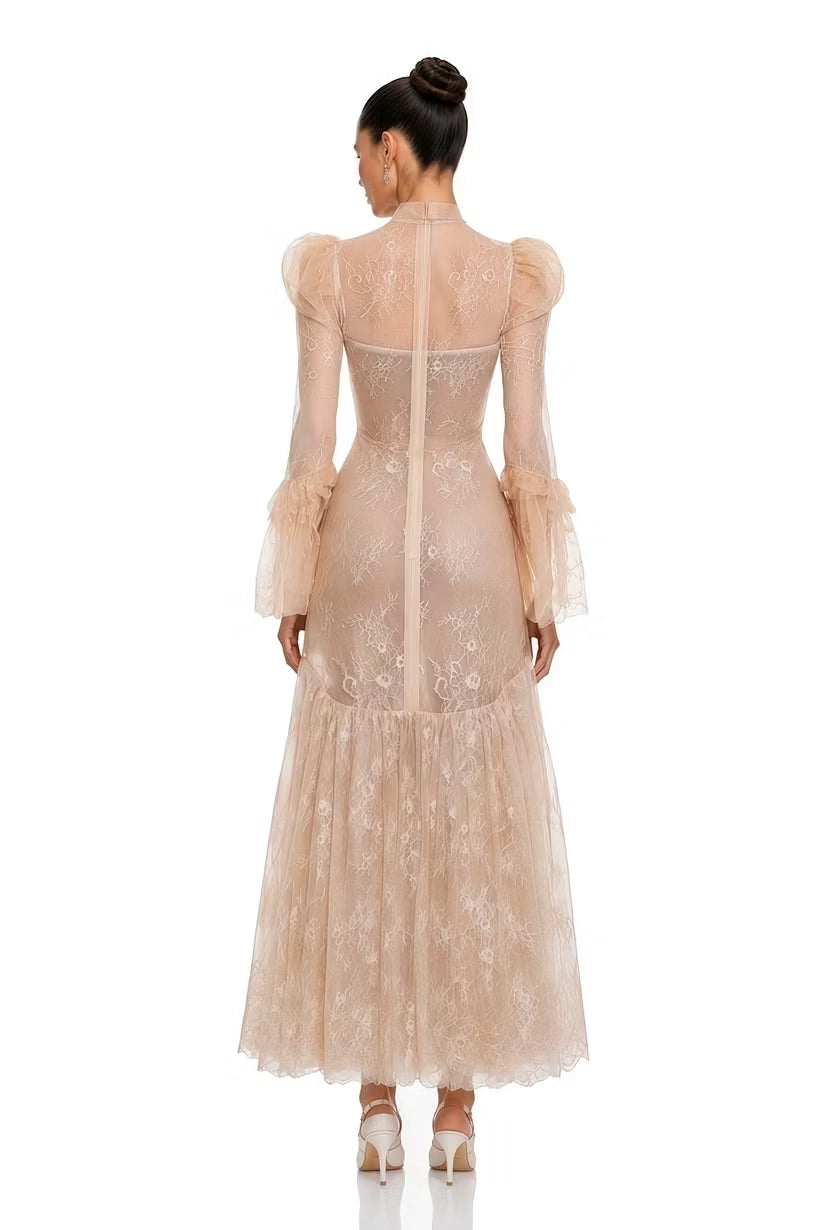 Champagne Lace A-Line High Neck High Back Floor-Length Dress Back View - Jimiss