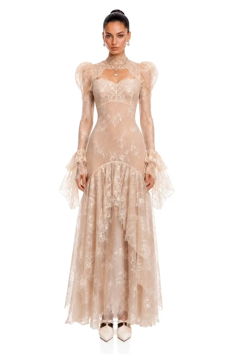 Champagne Lace A-Line High Neck High Back Floor-Length Dress Front View - Jimiss