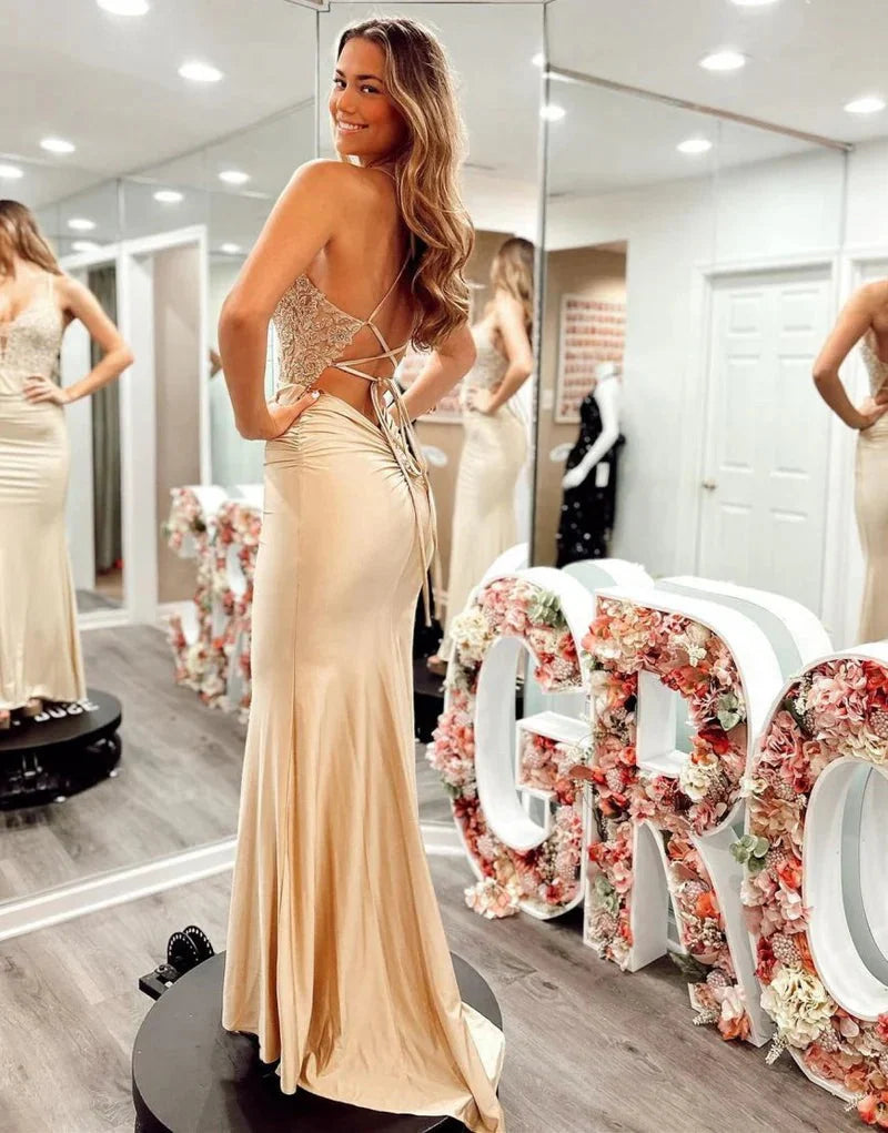 Champagne Lace & Satin Mermaid V-Neck Lace-up Floor-Length Dress - Jimiss