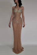 Champagne Mesh Sheath Column Sweetheart Lace Up Back Floor Length Dress Front View - Jimiss