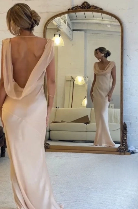 Champagne Satin and Chiffon Sheath Column Cowl Neck Low Back Floor Length Dress Back View - Jimiss