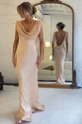 Champagne Satin and Chiffon Sheath Column Cowl Neck Low Back Floor Length Dress Front View - Jimiss