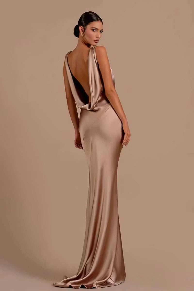Champagne Satin Sheath Column Cowl Neck Low Back Floor-Length Dress Back View - Jimiss