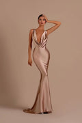 Champagne Satin Sheath Column Cowl Neck Low Back Floor-Length Dress Front View - Jimiss