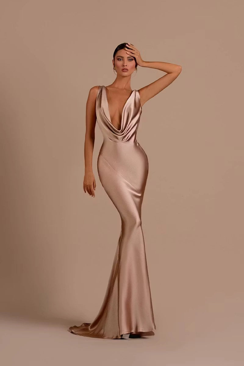 Champagne Satin Sheath Column Cowl Neck Low Back Floor-Length Dress Front View - Jimiss
