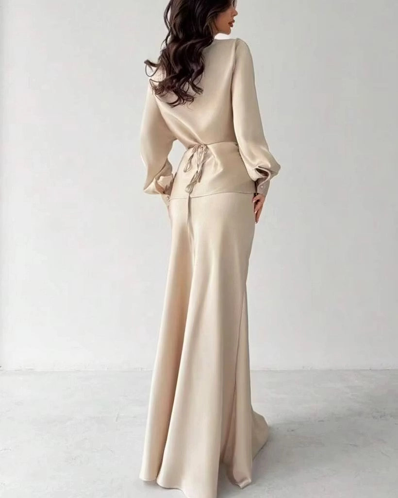 Champagne Satin sheath-column high-neck tie-back floor-length Dress Back View - Jimiss
