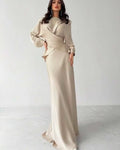 Champagne Satin sheath-column high-neck tie-back floor-length Dress Front View - Jimiss