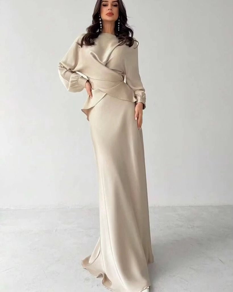 Champagne Satin sheath-column high-neck tie-back floor-length Dress Front View - Jimiss