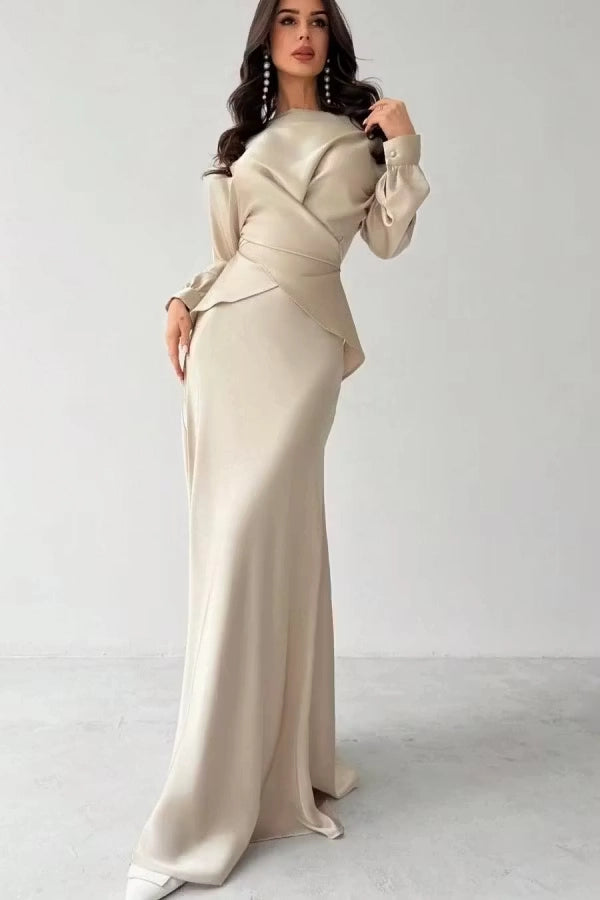 Champagne Satin sheath-column high-neck tie-back floor-length Dress Front View - Jimiss